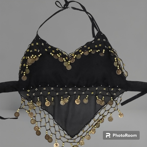 2-Piece Sexy Bellydancing Arabian Costume Set-Black with Gold Coins - Picture 8 of 10